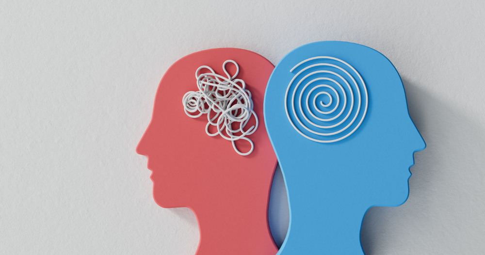 A graphic with a head with jumbled strings and one with organized, spiral strings, representing bad and good brain health.