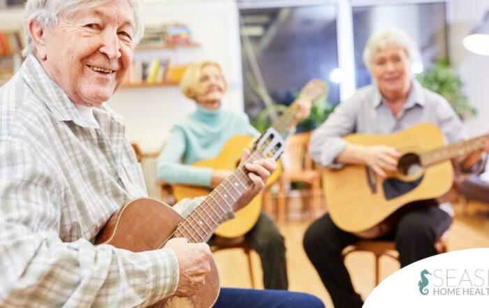 A group of seniors enjoy playing instruments together showing the impact of music for older adults.