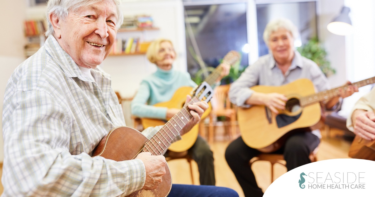 A group of seniors enjoy playing instruments together showing the impact of music for older adults.