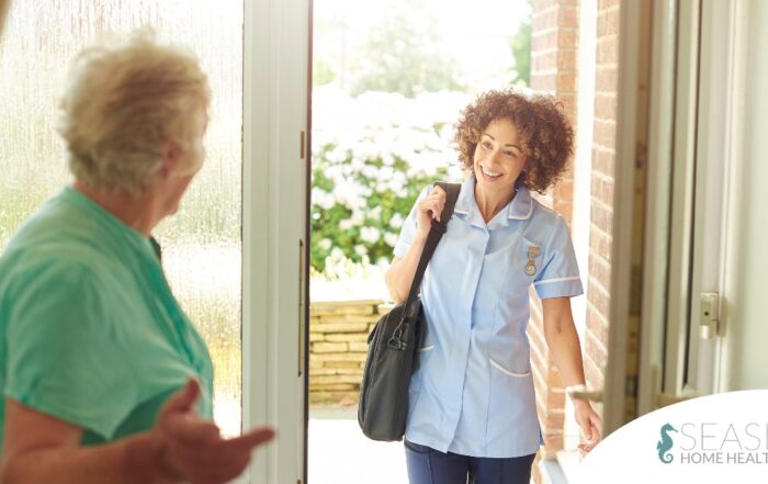 A caregiver comes in to see a client at home representing senior home care and the services offered.