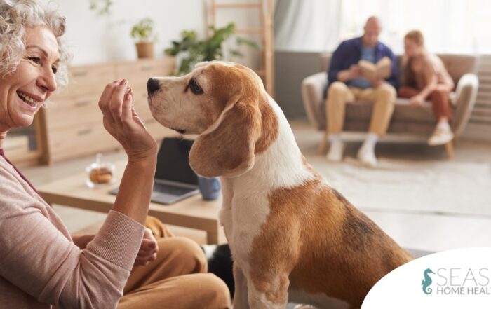 An older woman smiles while giving a dog a treat, representing the joy that dogs can bring.